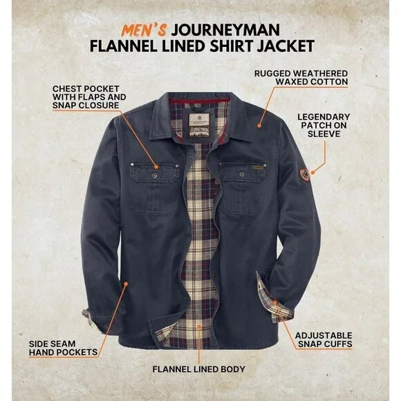 Mens Navy Whitetails Flannel Lined Shirt Jacket Waxed Cotton Water Resis